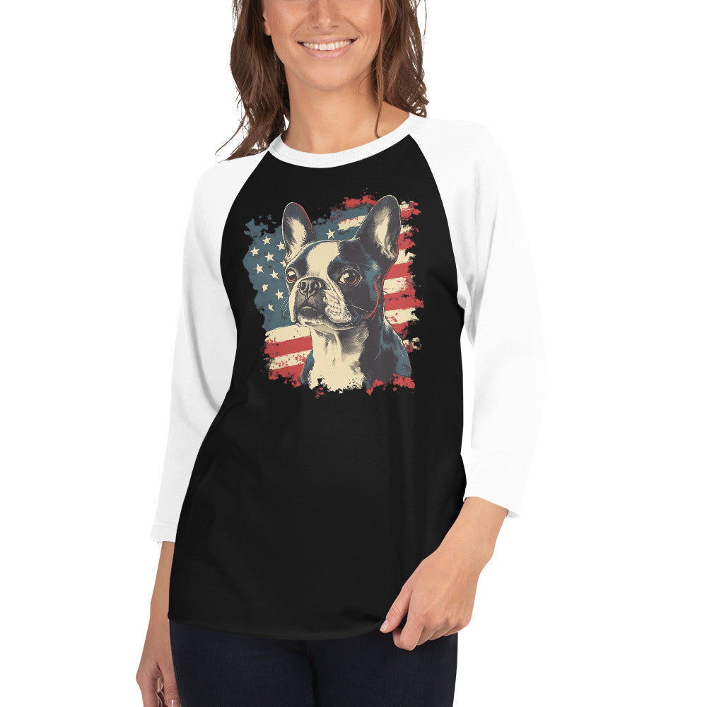USA Flag United States Boston Terrier Dog 3/4 Sleeve Raglan Shirt .