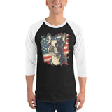 USA Flag United States Boston Terrier Dog 3/4 Sleeve Raglan Shirt .