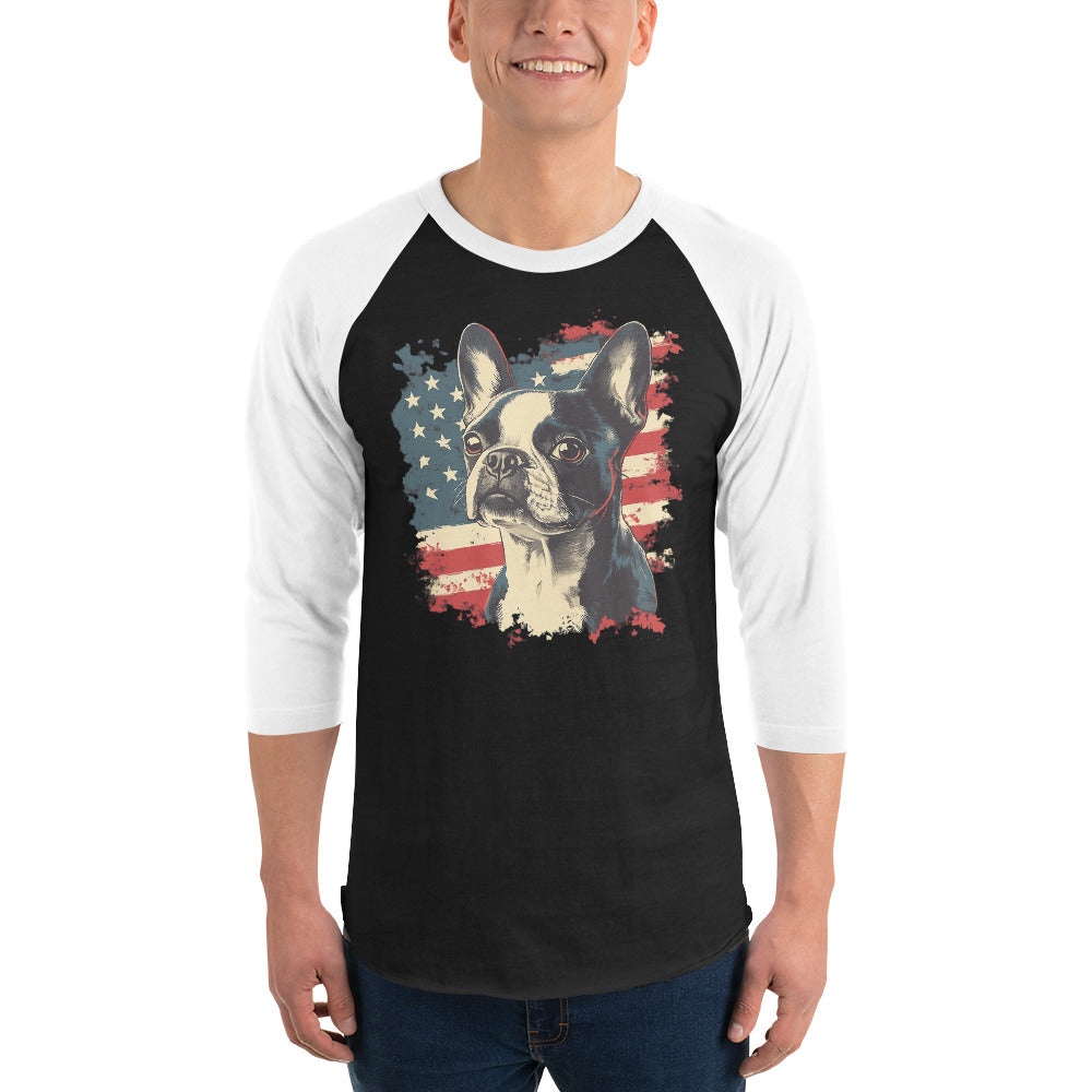 USA Flag United States Boston Terrier Dog 3/4 Sleeve Raglan Shirt .