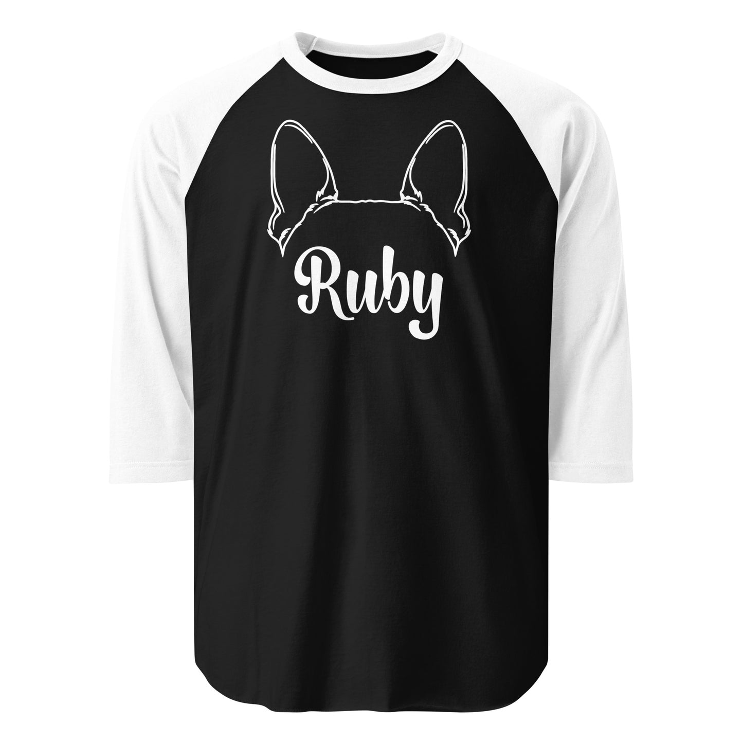 Boston Terrier Ears with Dog Name Custom 3/4 Sleeve Raglan Shirt . Black White