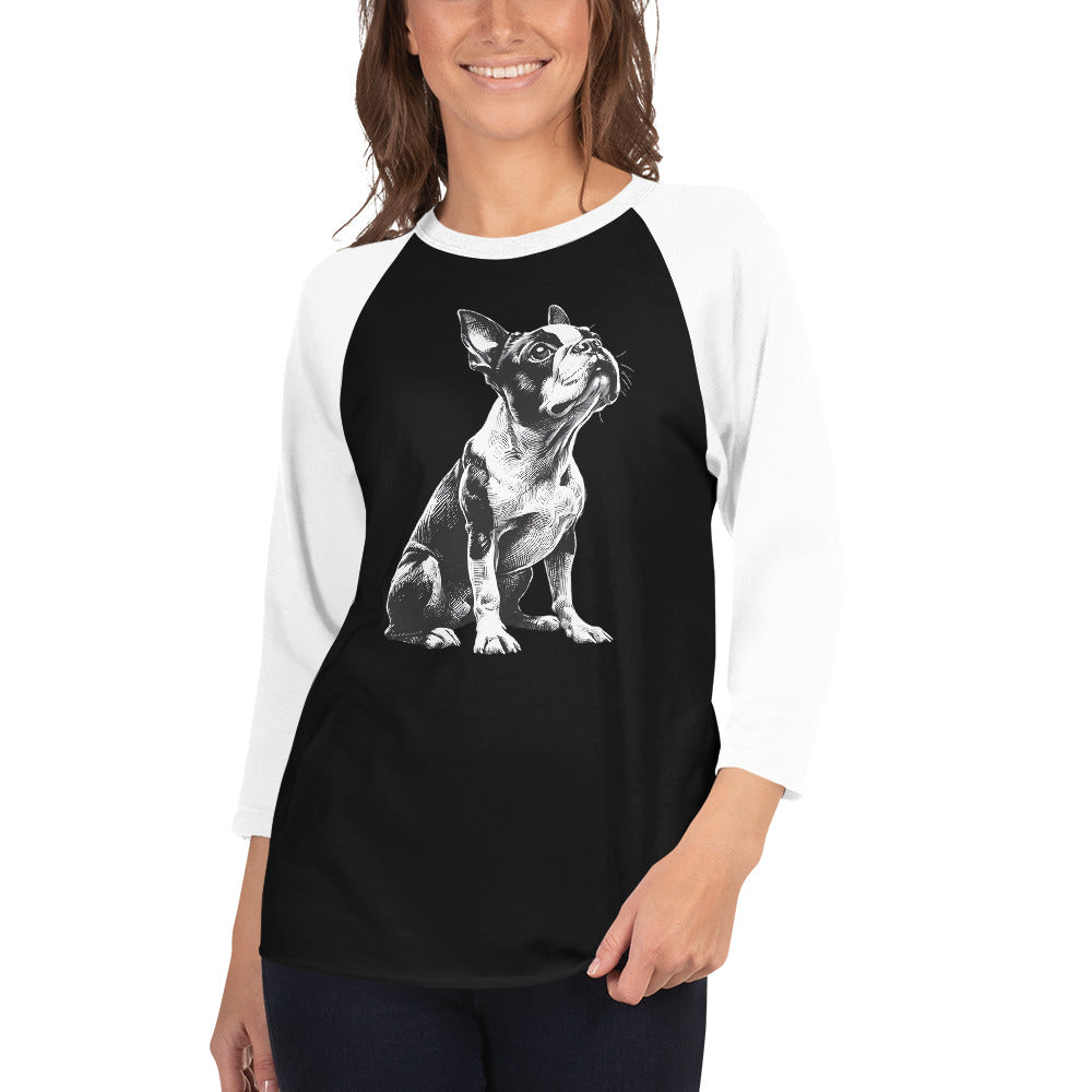 Boston Terrier Line Art 3/4 Sleeve Raglan Shirt .