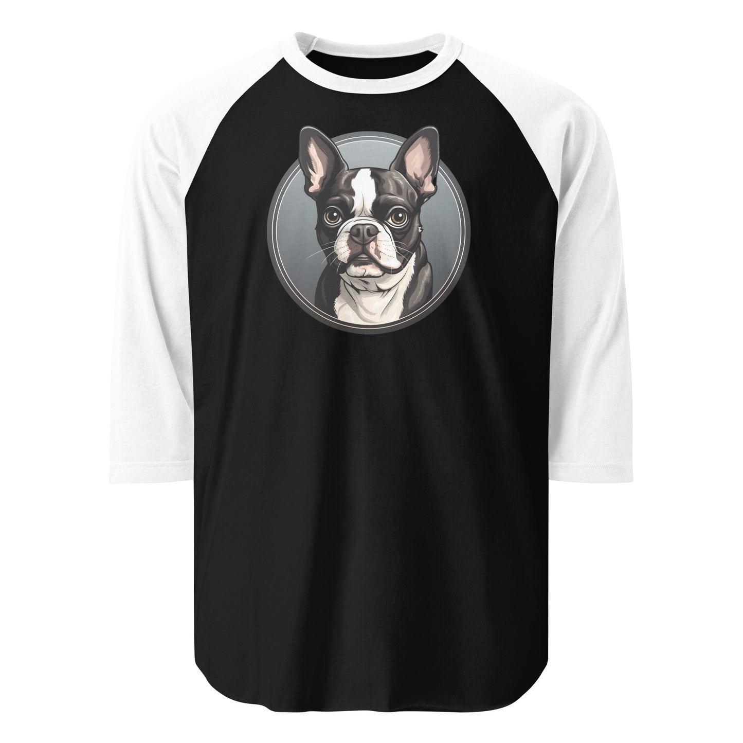 Cartoon Boston Terrier Dog Portrait 3/4 Sleeve Raglan Shirt . Black White
