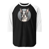 Cartoon Boston Terrier Dog Portrait 3/4 Sleeve Raglan Shirt . Black White
