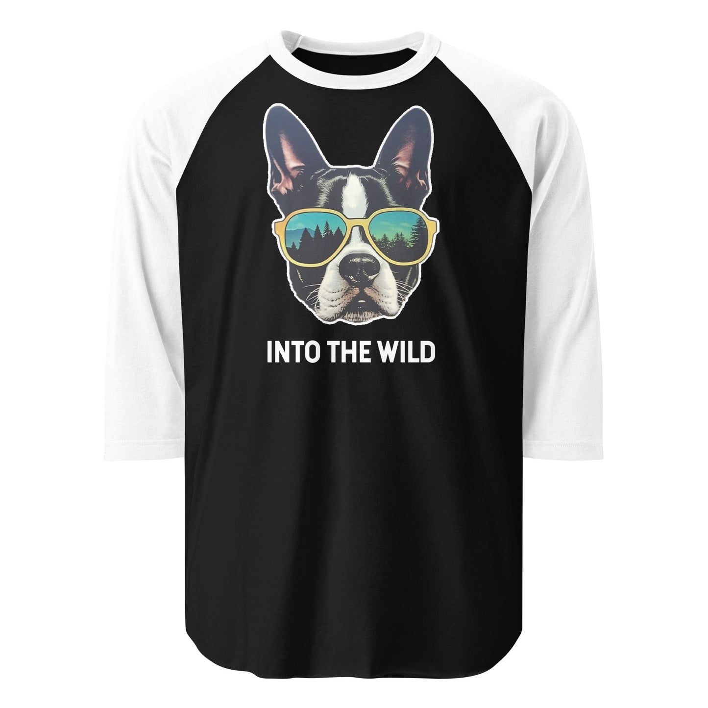 Into The Wild Boston Terrier 3/4 Sleeve Raglan Shirt . Black White