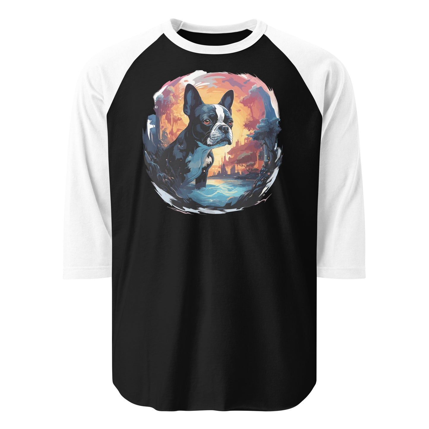 Artistic Representation Of A Boston Terrier 3/4 Sleeve Raglan Shirt . Black White