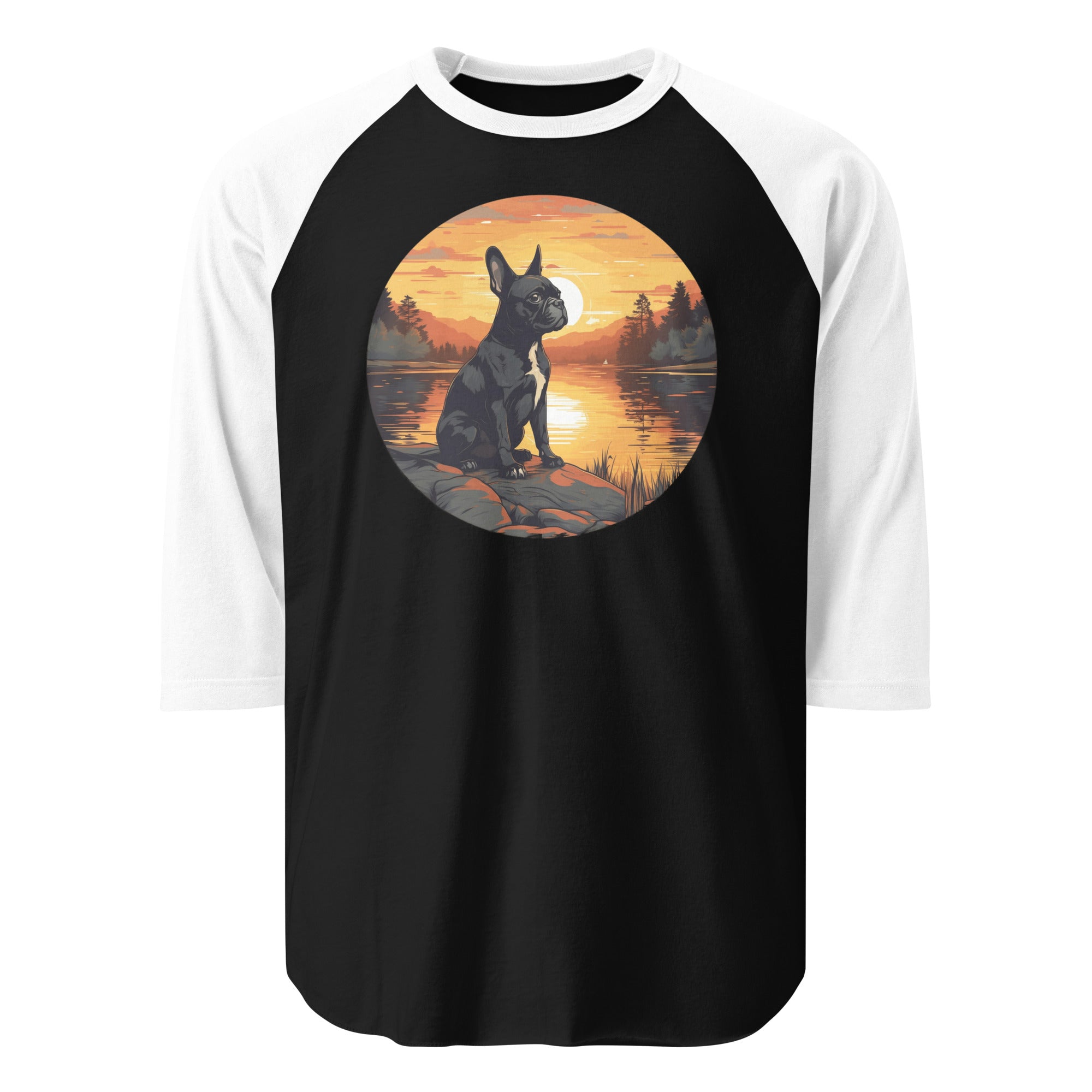 Boston Terrier Sitting By A Calm Lake 3/4 Sleeve Raglan Shirt . Black White