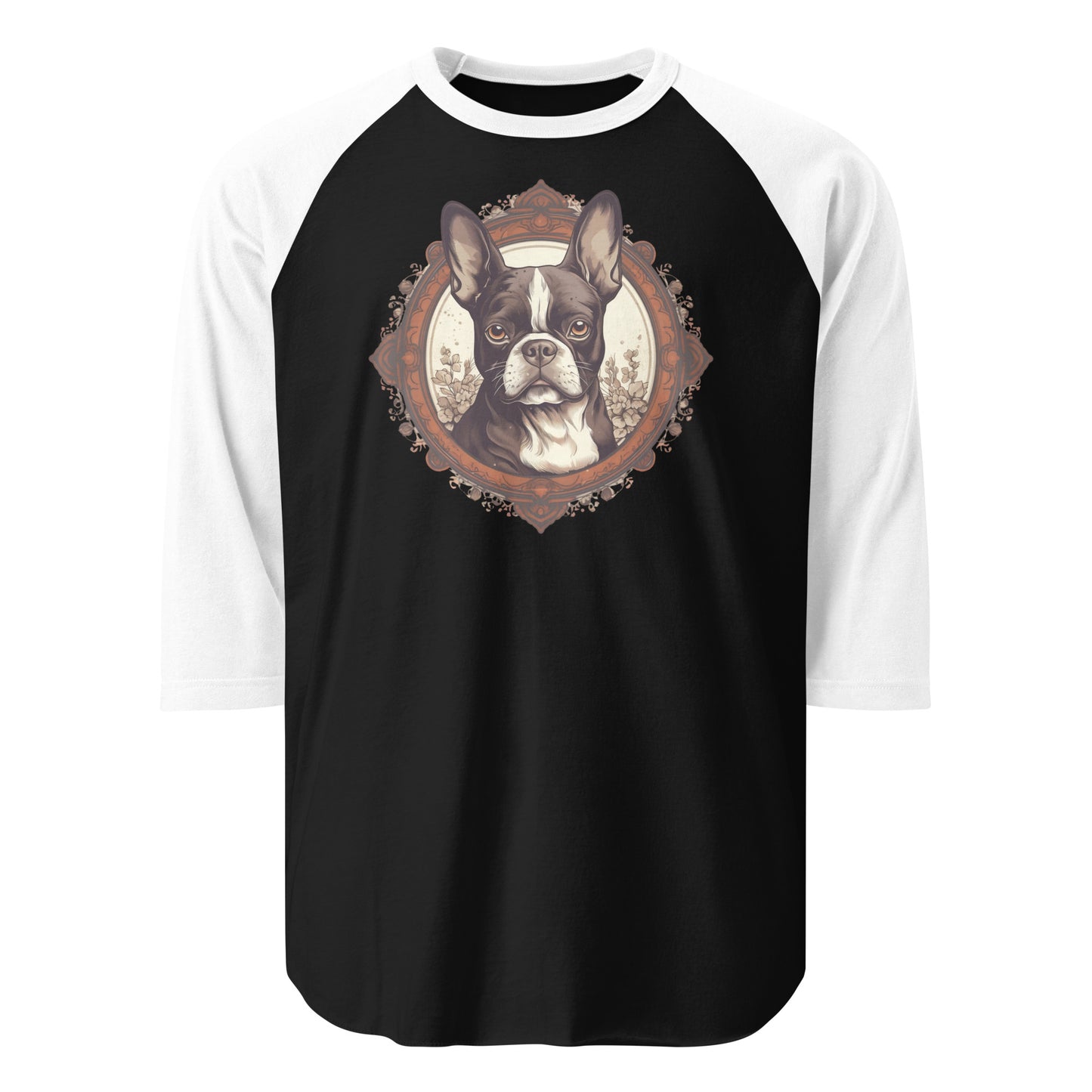 Vintage-Inspired Red Brown Boston Terrier 3/4 Sleeve Raglan Shirt . Black White