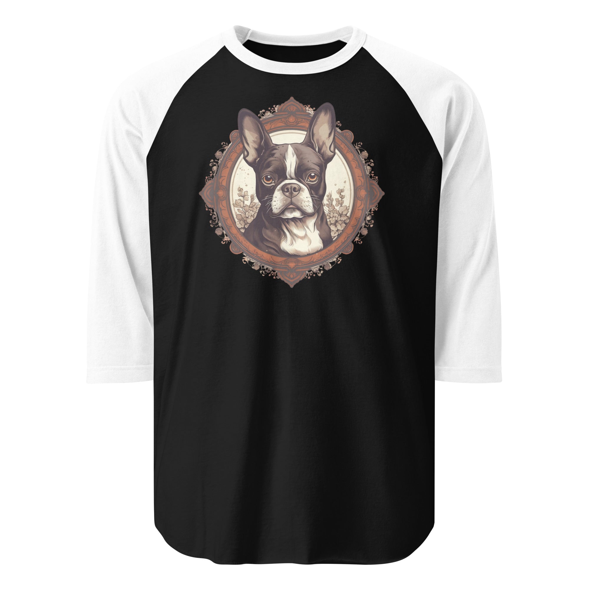 Vintage-Inspired Red Brown Boston Terrier 3/4 Sleeve Raglan Shirt . Black White