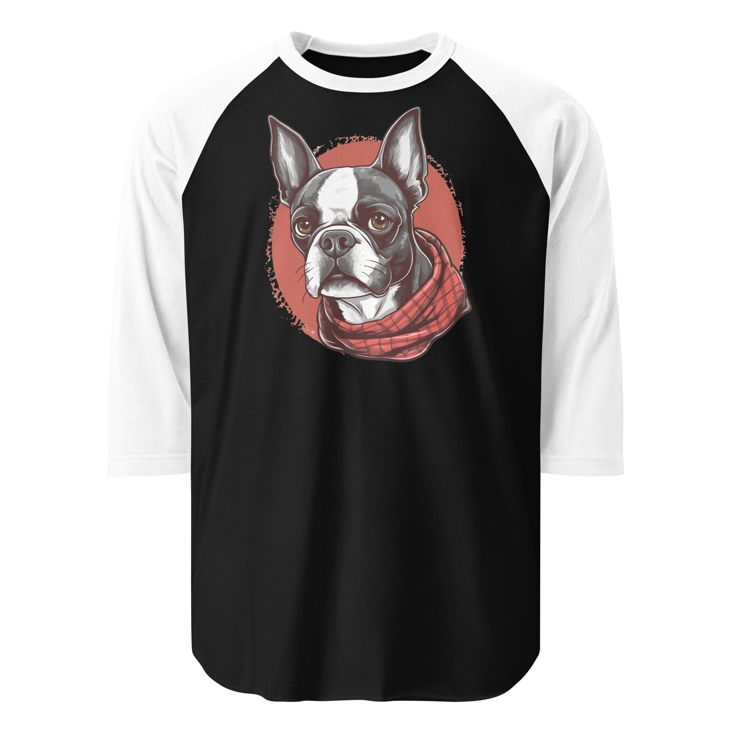 Boston Terrier Red Bandana 3/4 Sleeve Raglan Shirt . Black White
