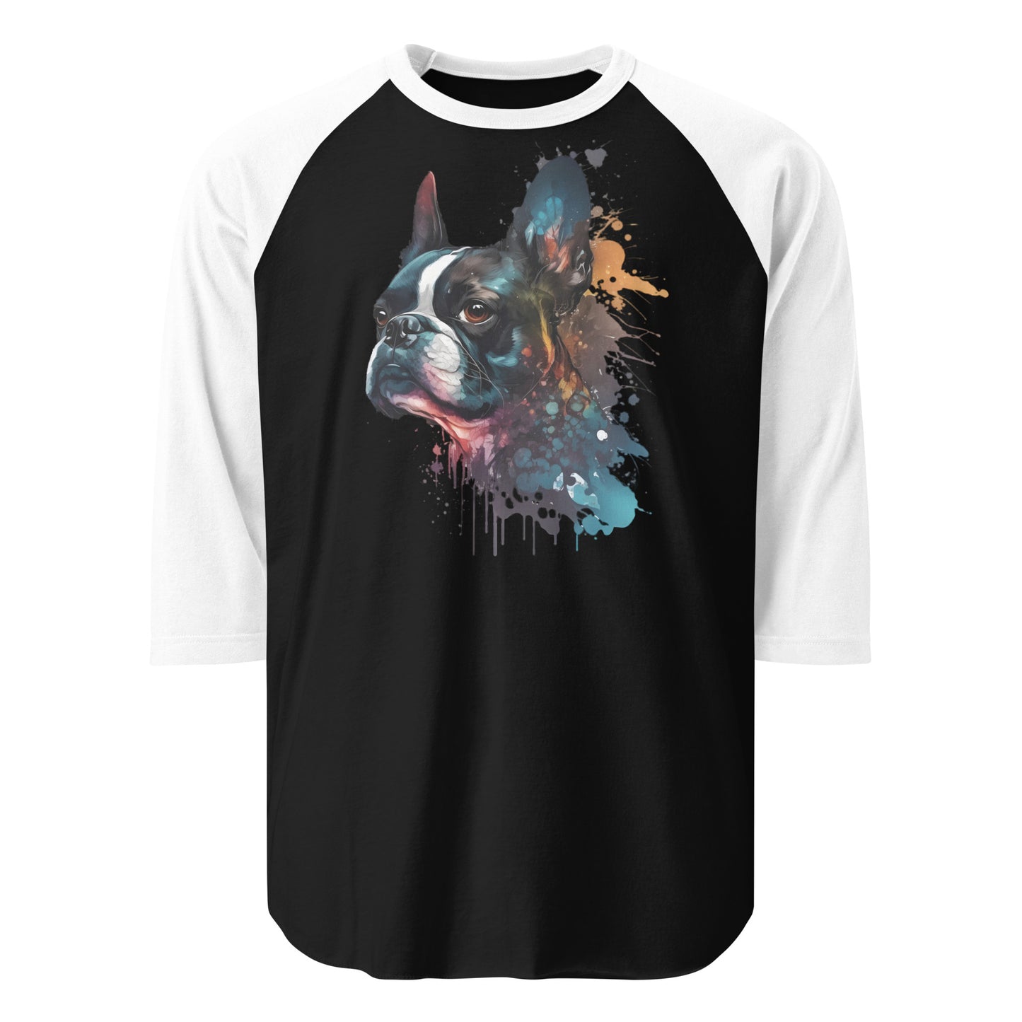 Boston Terrier Art 3/4 Sleeve Raglan Shirt . Black White
