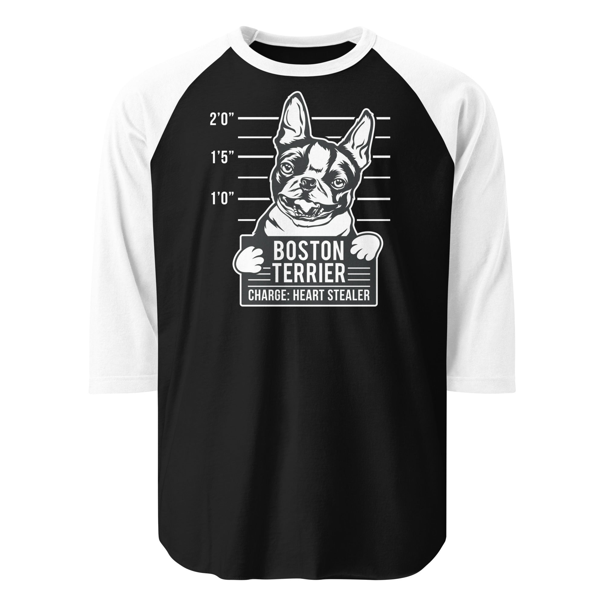 Boston Terrier Heart Stealer 3/4 Sleeve Raglan Shirt . Black White