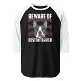 Beware Of Boston Terrier 3/4 Sleeve Raglan Shirt . Black White
