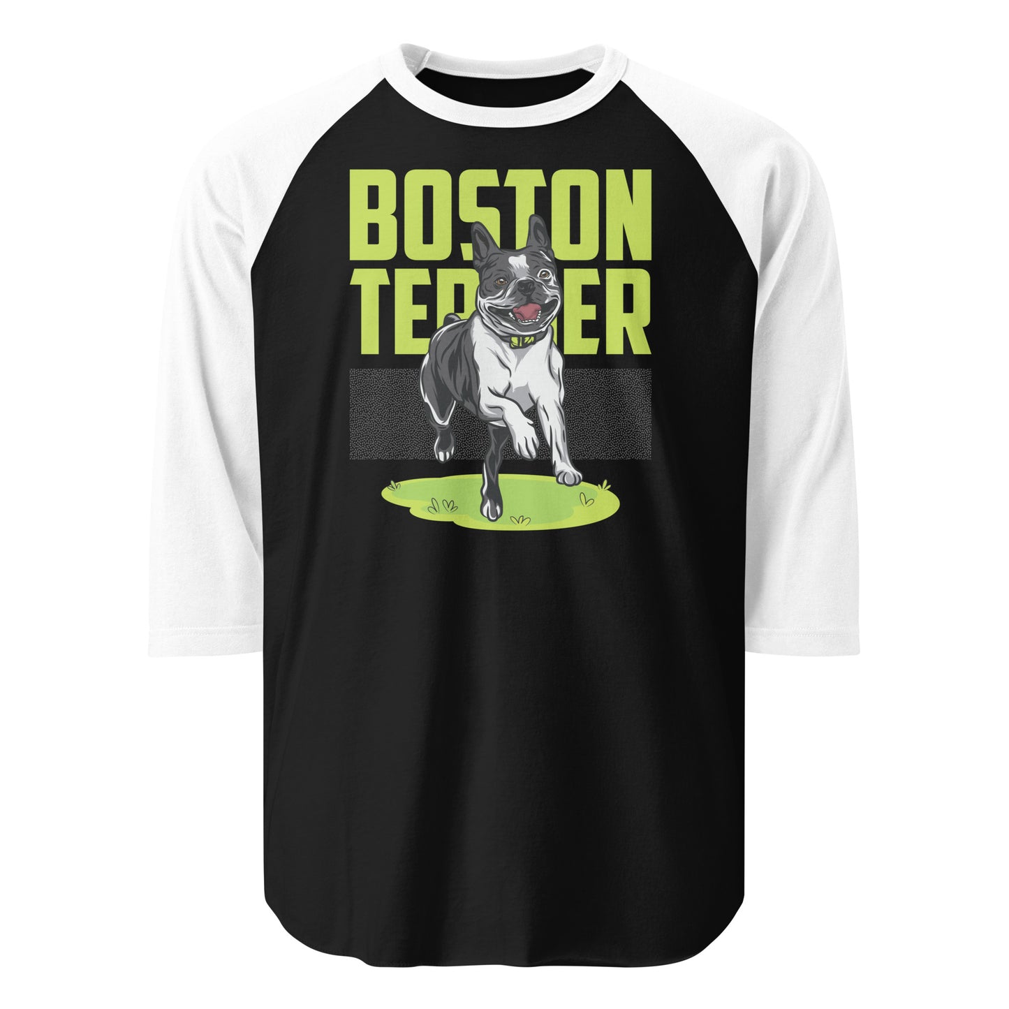 Happy Boston Terrier 3/4 Sleeve Raglan Shirt . Black White