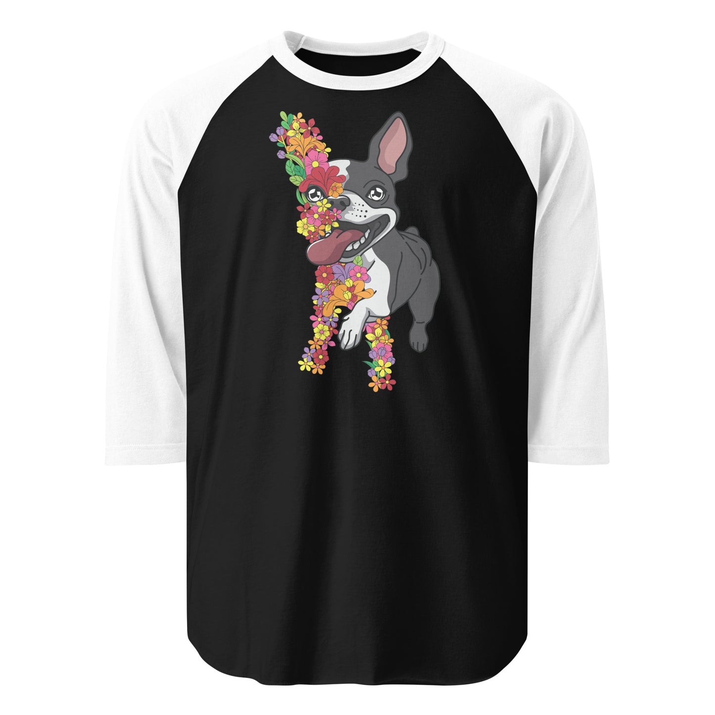 Floral Boston Terrier Dog 3/4 Sleeve Raglan Shirt . Black White