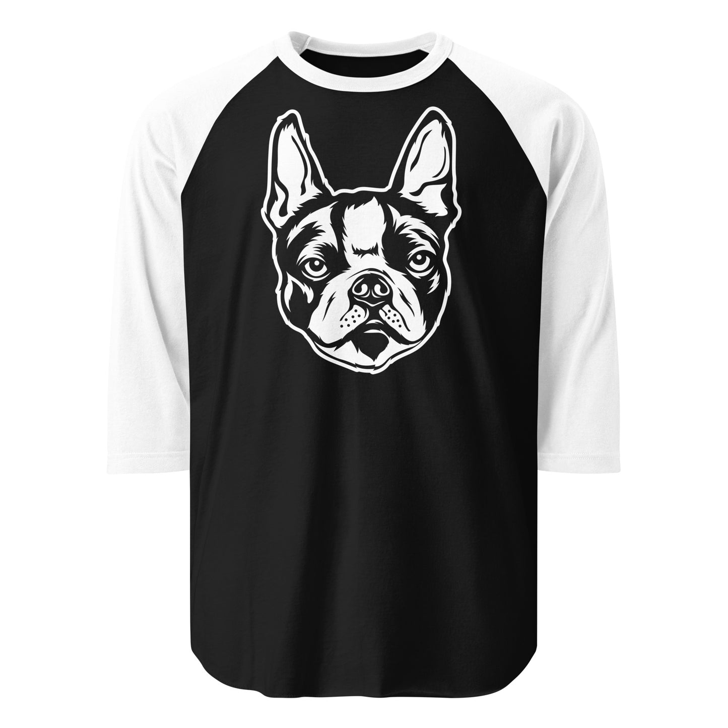 Boston Terrier Dog Face 3/4 Sleeve Raglan Shirt . Black White