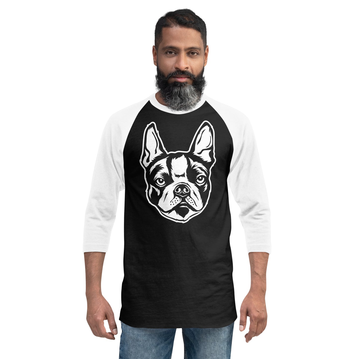 Boston Terrier Dog Face 3/4 Sleeve Raglan Shirt .