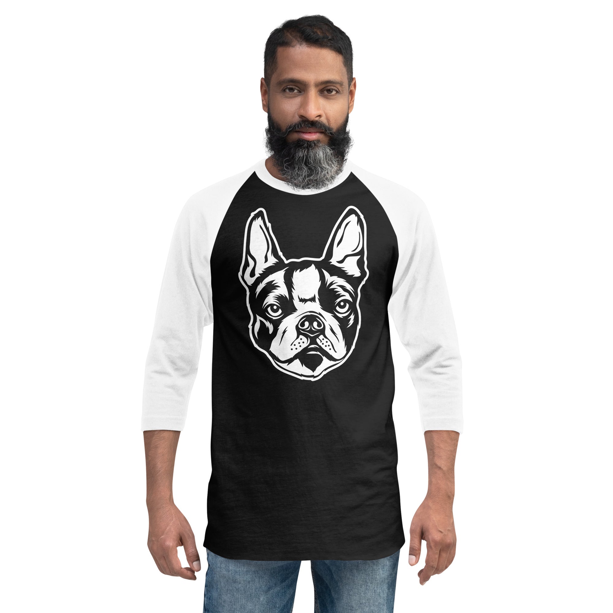 Boston Terrier Dog Face 3/4 Sleeve Raglan Shirt .