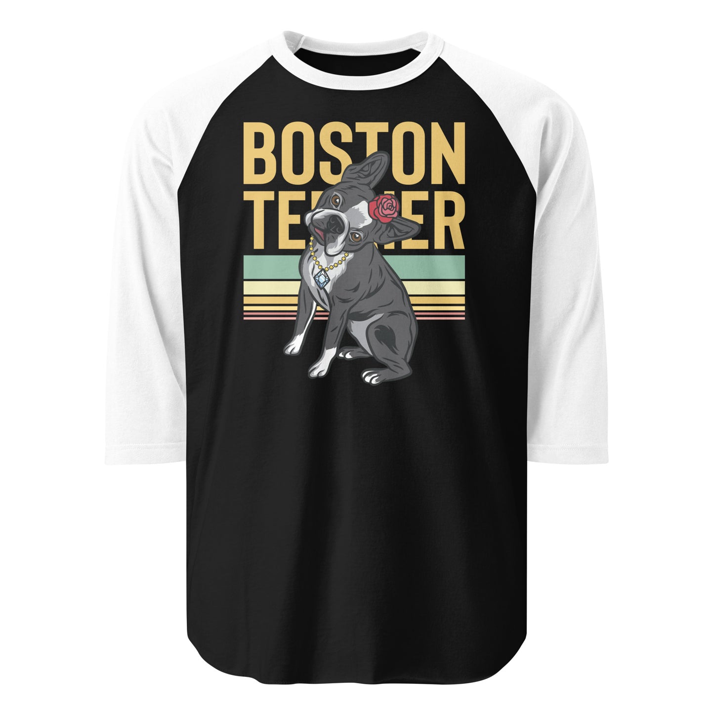 Lady Boston Terrier Dog 3/4 Sleeve Raglan Shirt . Black White