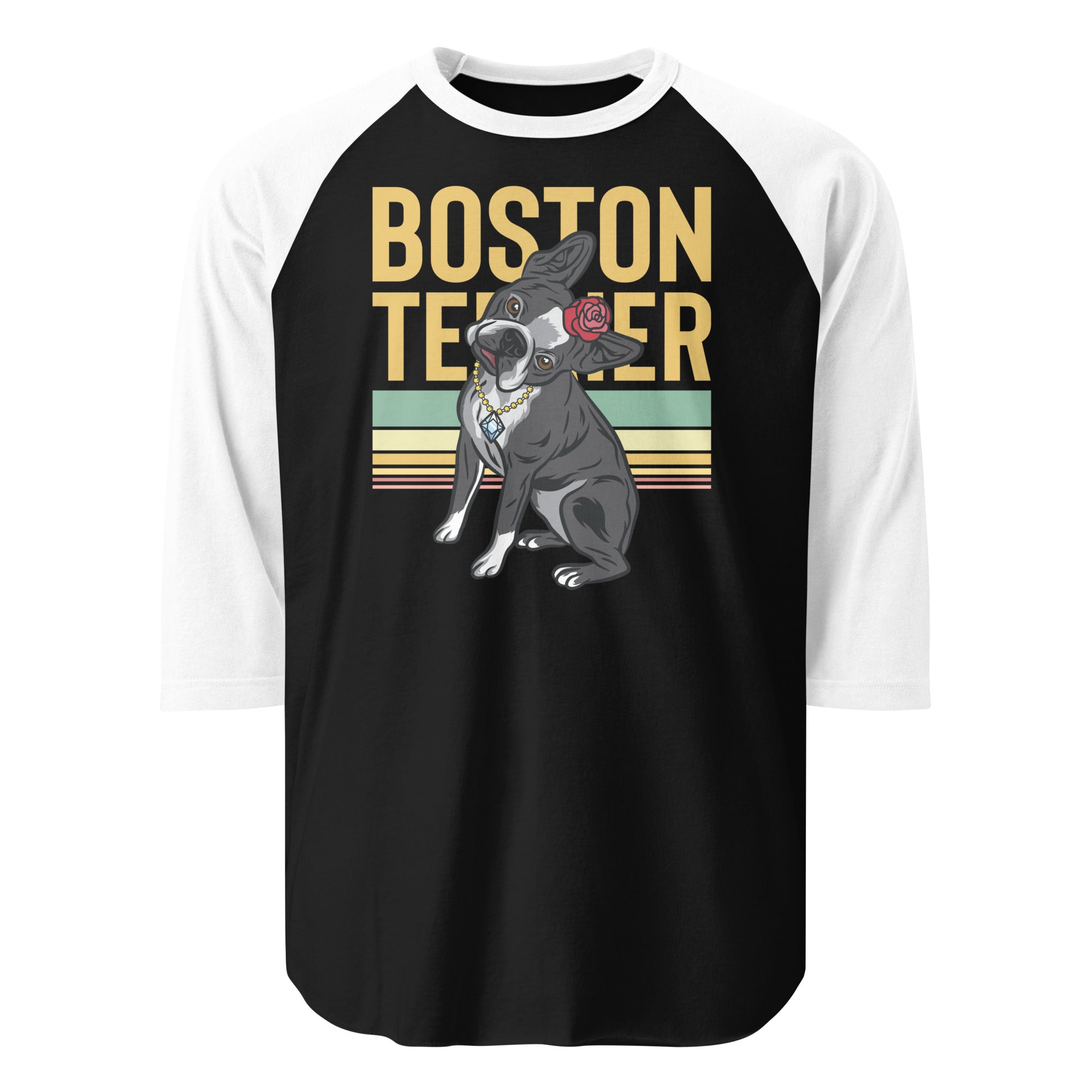 Lady Boston Terrier Dog 3/4 Sleeve Raglan Shirt . Black White