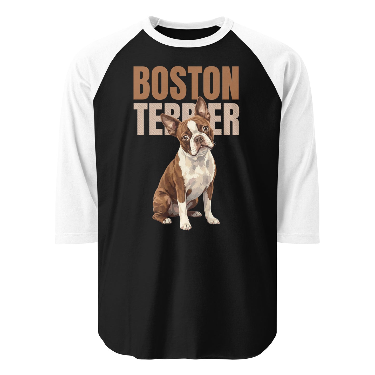Brown Boston Terrier Dog 3/4 Sleeve Raglan Shirt . Black White