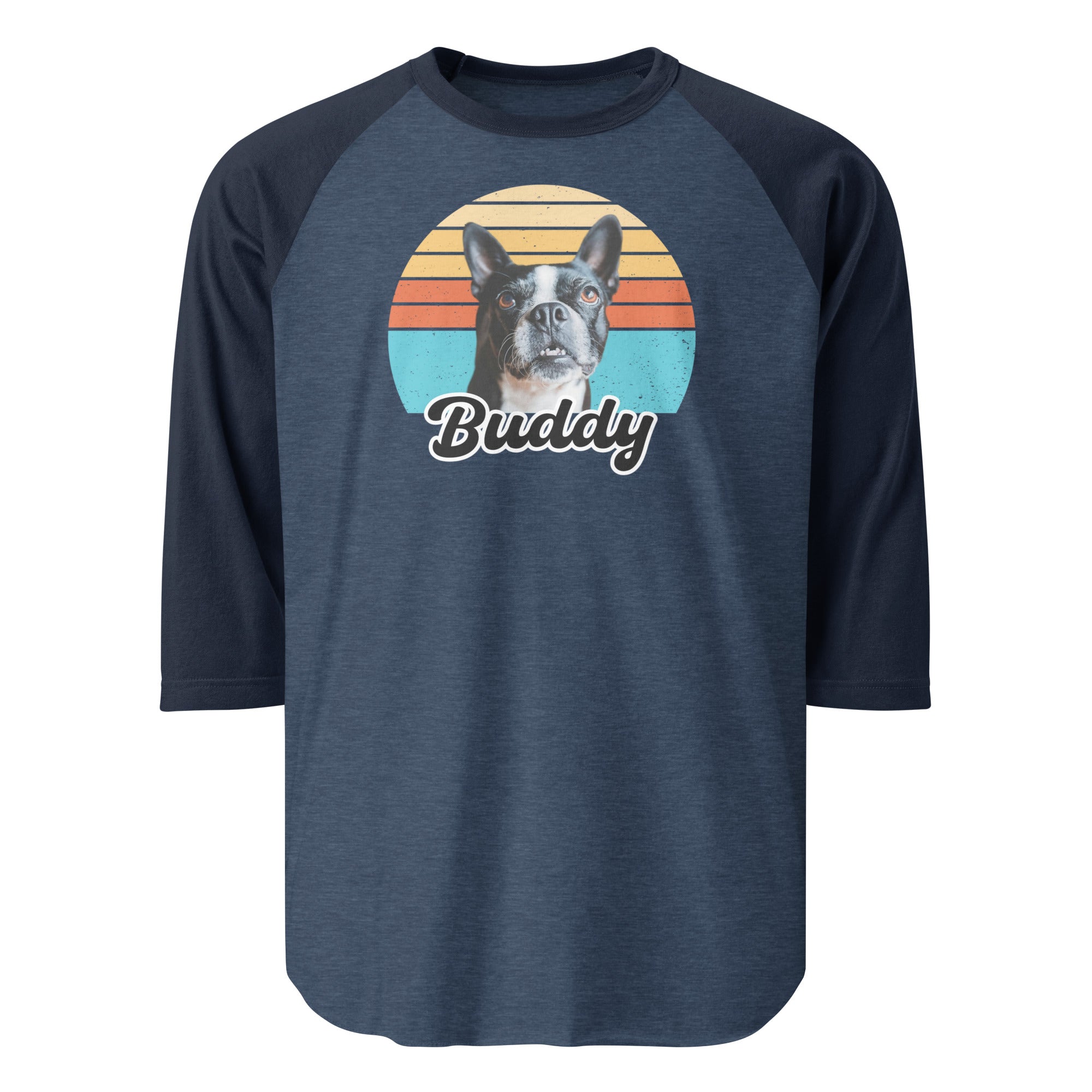 Custom Dog Sunset Vintage Retro Style 3/4 Sleeve Raglan Shirt . Heather Denim Navy