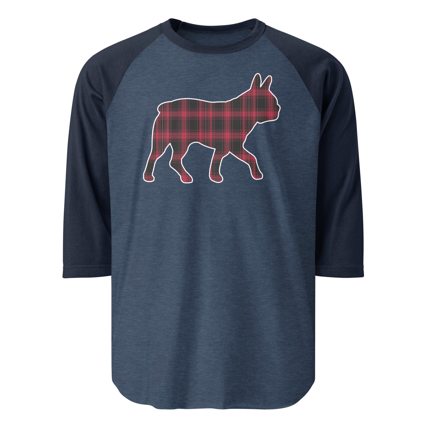 Red Plaid Boston Terrier Dog Silhouette 3/4 Sleeve Raglan Shirt . Heather Denim Navy
