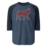 Red Plaid Boston Terrier Dog Silhouette 3/4 Sleeve Raglan Shirt . Heather Denim Navy