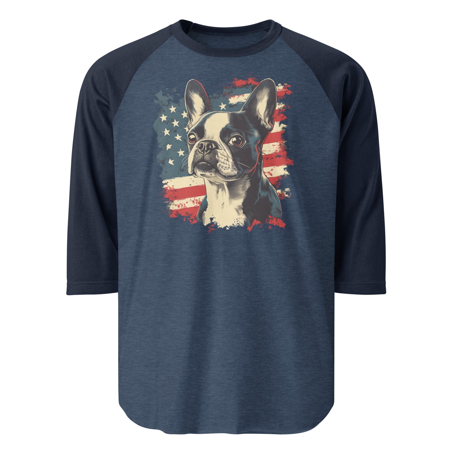 USA Flag United States Boston Terrier Dog 3/4 Sleeve Raglan Shirt . Heather Denim Navy