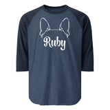 Boston Terrier Ears with Dog Name Custom 3/4 Sleeve Raglan Shirt . Heather Denim Navy