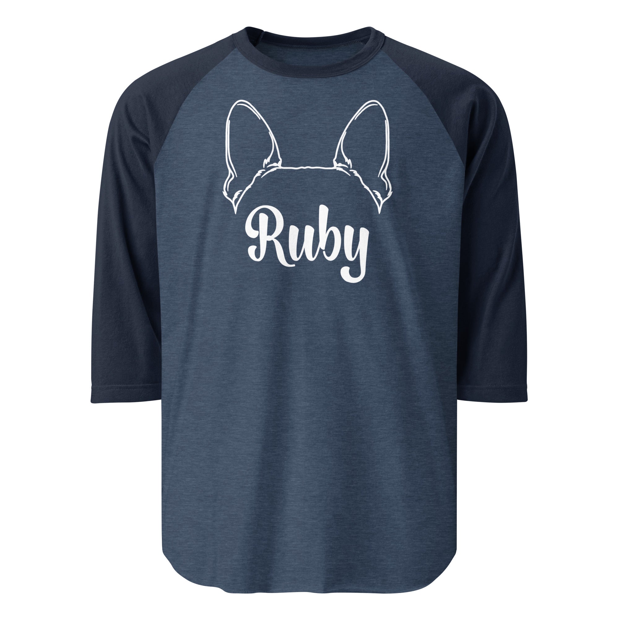 Boston Terrier Ears with Dog Name Custom 3/4 Sleeve Raglan Shirt . Heather Denim Navy
