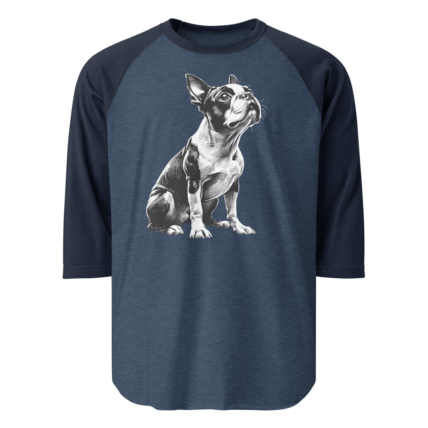 Boston Terrier Line Art 3/4 Sleeve Raglan Shirt . Heather Denim Navy