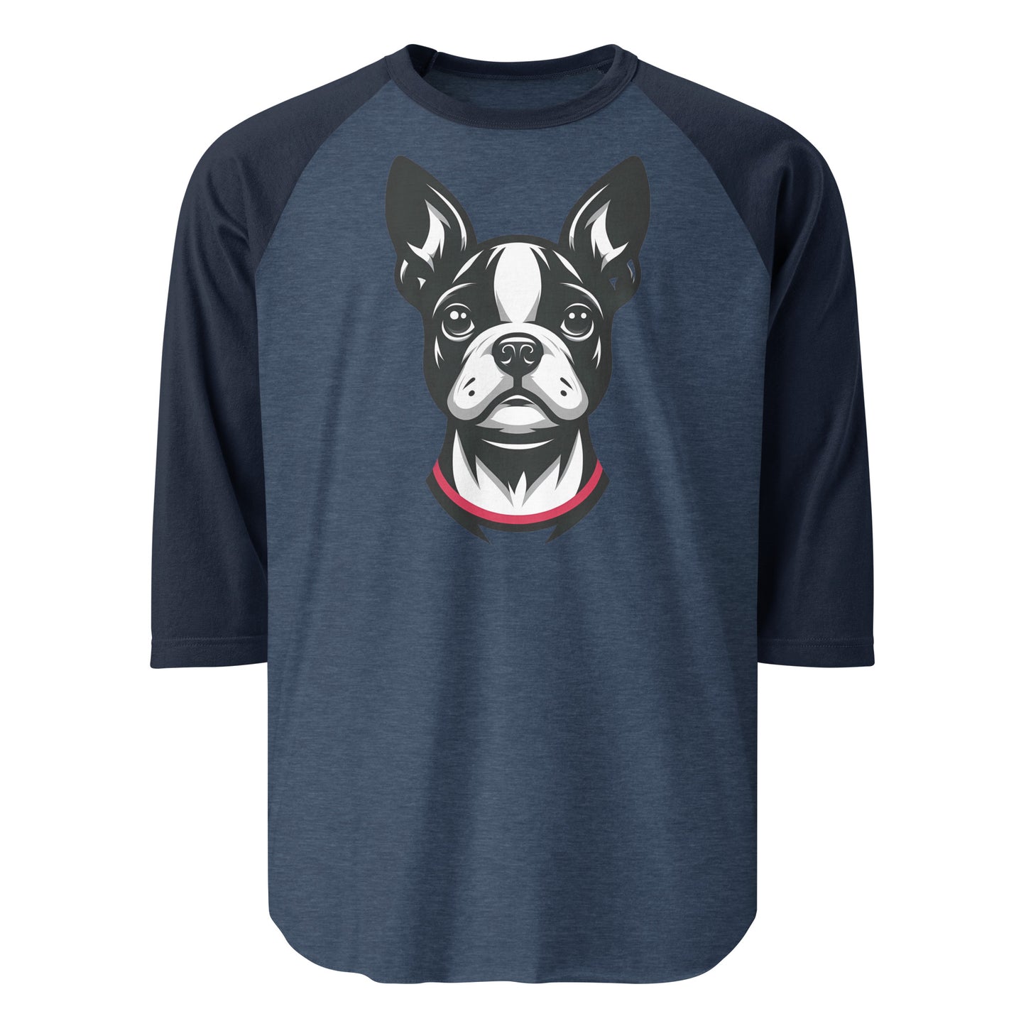Minimalist Boston Terrier Face 3/4 Sleeve Raglan Shirt . Heather Denim Navy