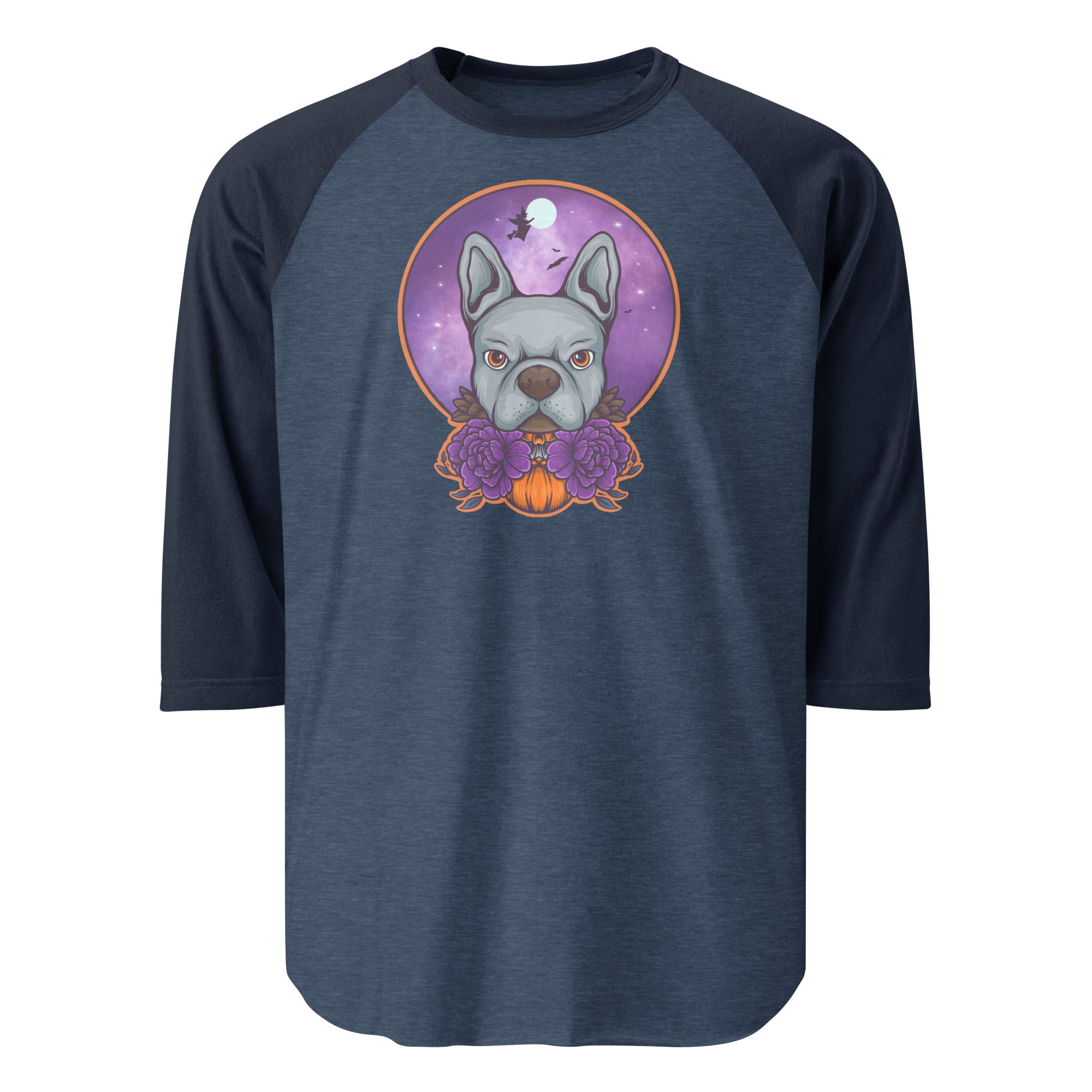 Boston Terrier Halloween 3/4 Sleeve Raglan Shirt . Heather Denim Navy