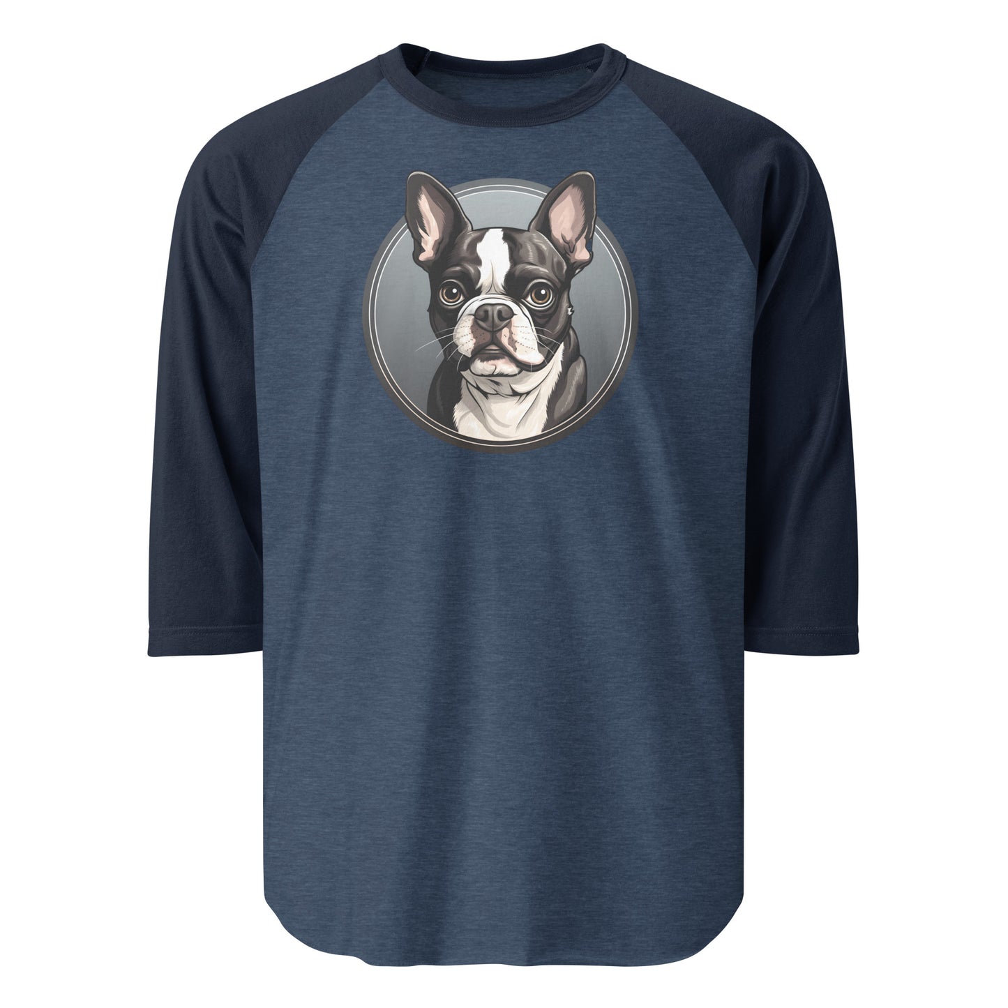 Cartoon Boston Terrier Dog Portrait 3/4 Sleeve Raglan Shirt . Heather Denim Navy