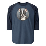 Cartoon Boston Terrier Dog Portrait 3/4 Sleeve Raglan Shirt . Heather Denim Navy