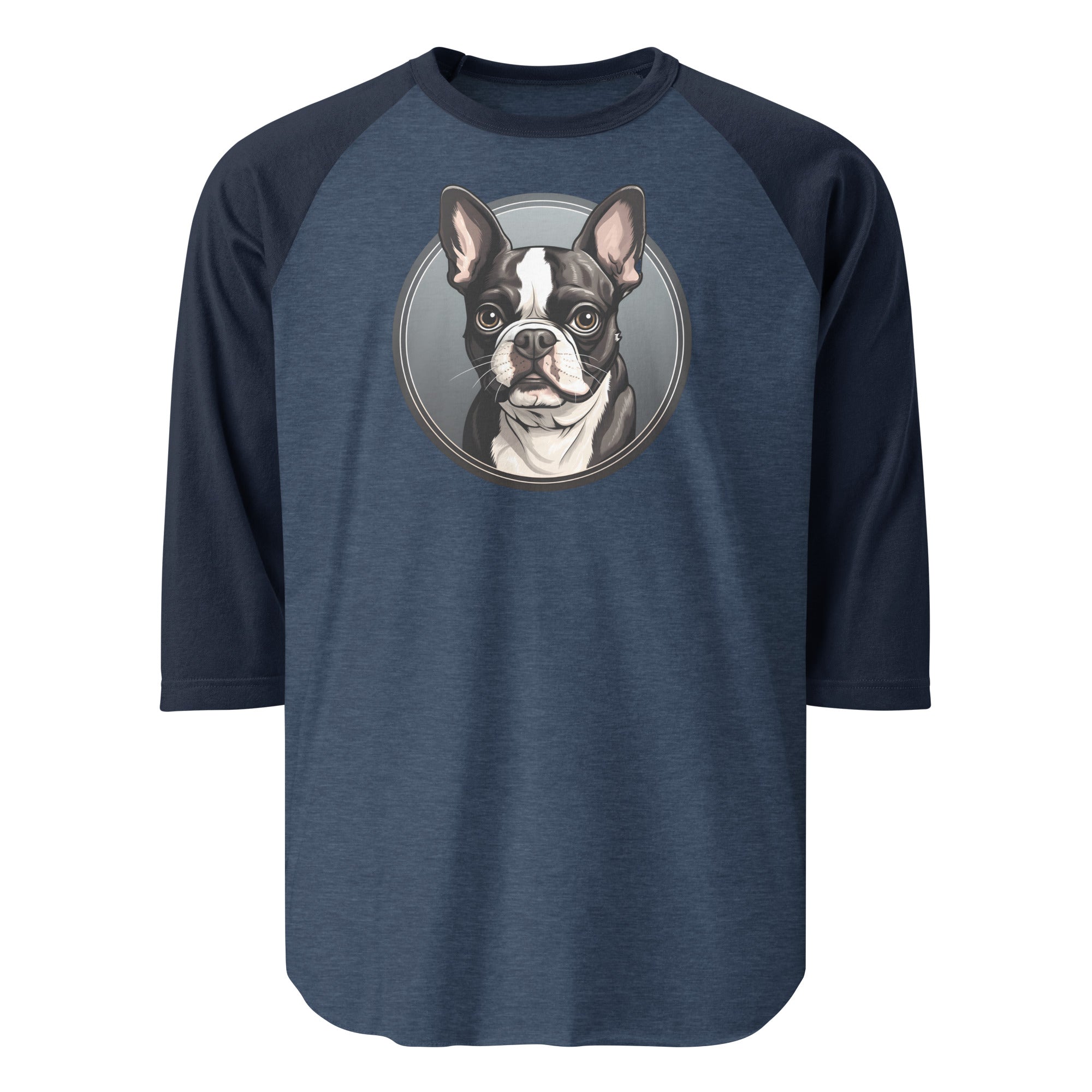 Cartoon Boston Terrier Dog Portrait 3/4 Sleeve Raglan Shirt . Heather Denim Navy