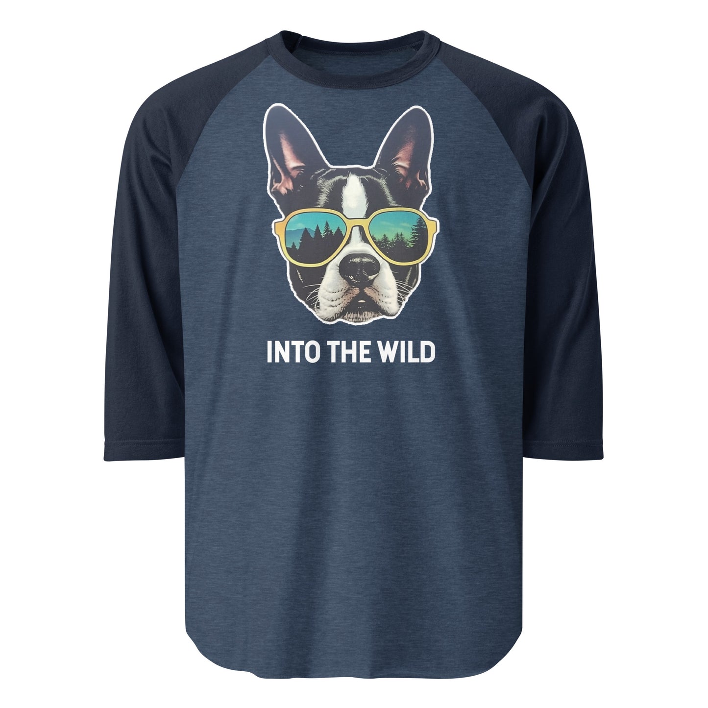 Into The Wild Boston Terrier 3/4 Sleeve Raglan Shirt . Heather Denim Navy