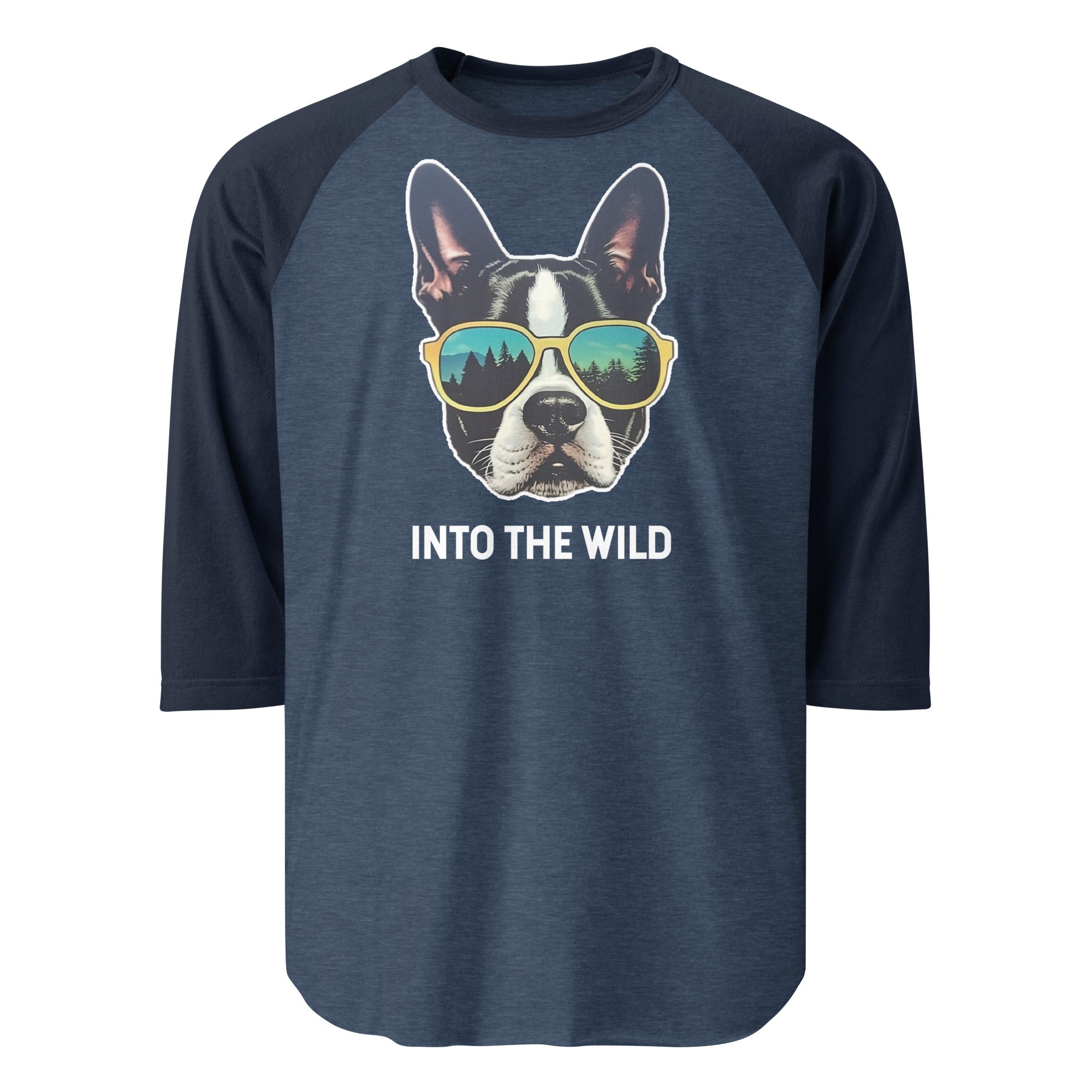 Into The Wild Boston Terrier 3/4 Sleeve Raglan Shirt . Heather Denim Navy