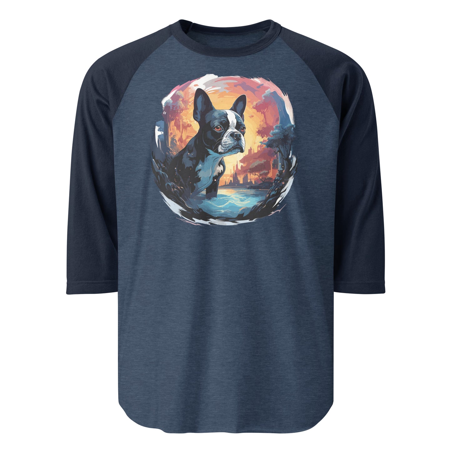 Artistic Representation Of A Boston Terrier 3/4 Sleeve Raglan Shirt . Heather Denim Navy