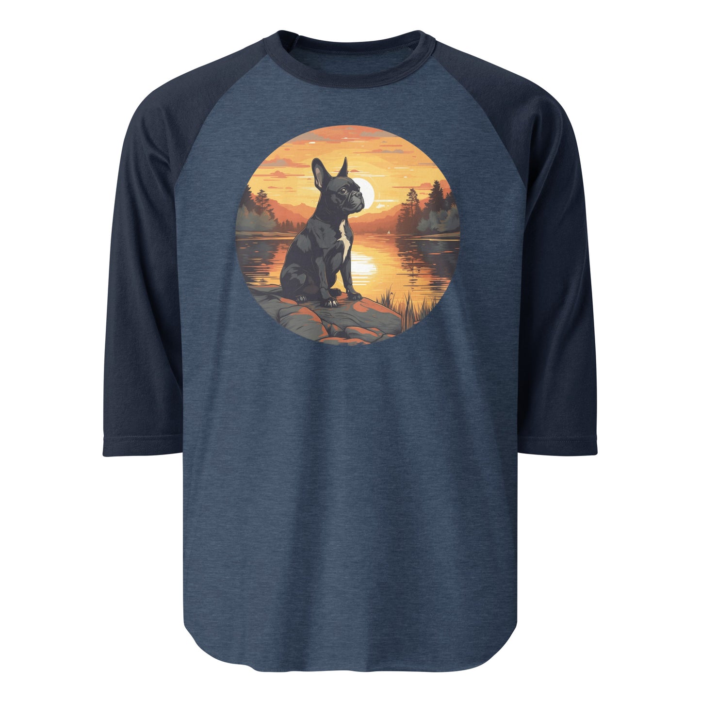 Boston Terrier Sitting By A Calm Lake 3/4 Sleeve Raglan Shirt . Heather Denim Navy