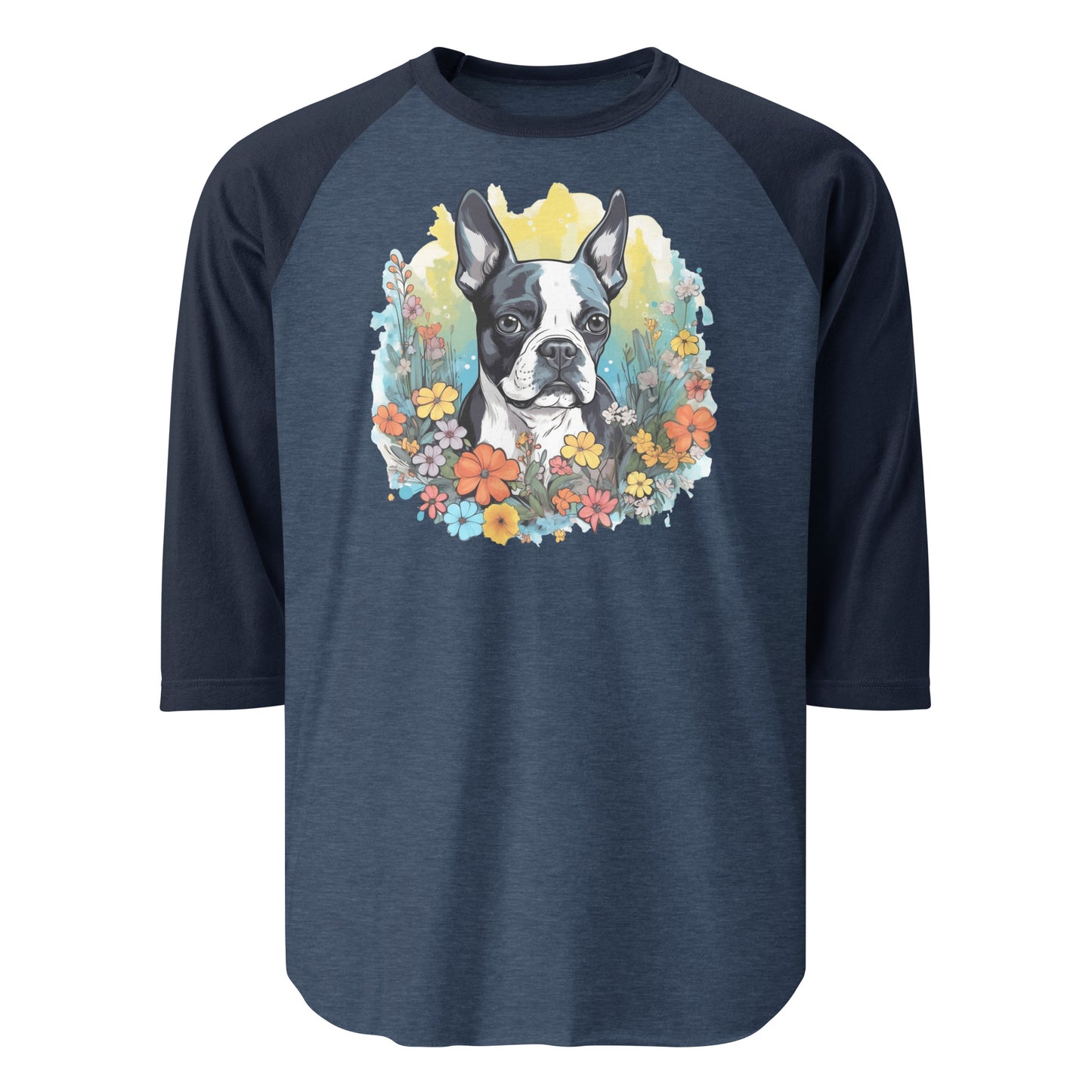 Boston Terrier Surrounded By Flowers 3/4 Sleeve Raglan Shirt . Heather Denim Navy