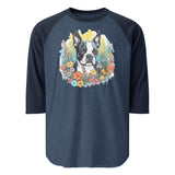 Boston Terrier Surrounded By Flowers 3/4 Sleeve Raglan Shirt . Heather Denim Navy
