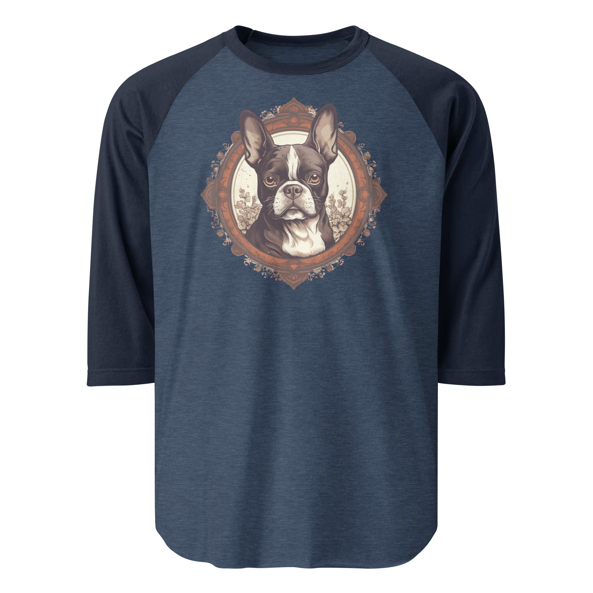 Vintage-Inspired Red Brown Boston Terrier 3/4 Sleeve Raglan Shirt . Heather Denim Navy