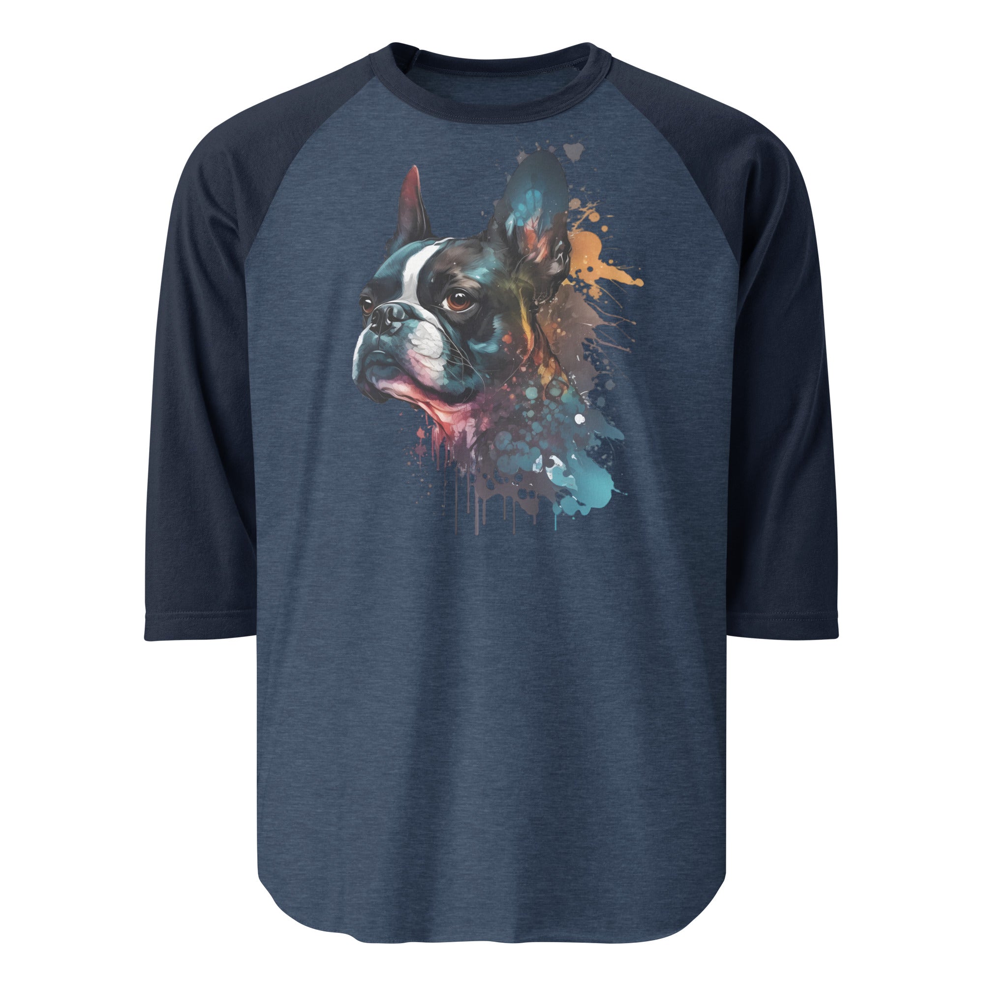 Boston Terrier Art 3/4 Sleeve Raglan Shirt . Heather Denim Navy
