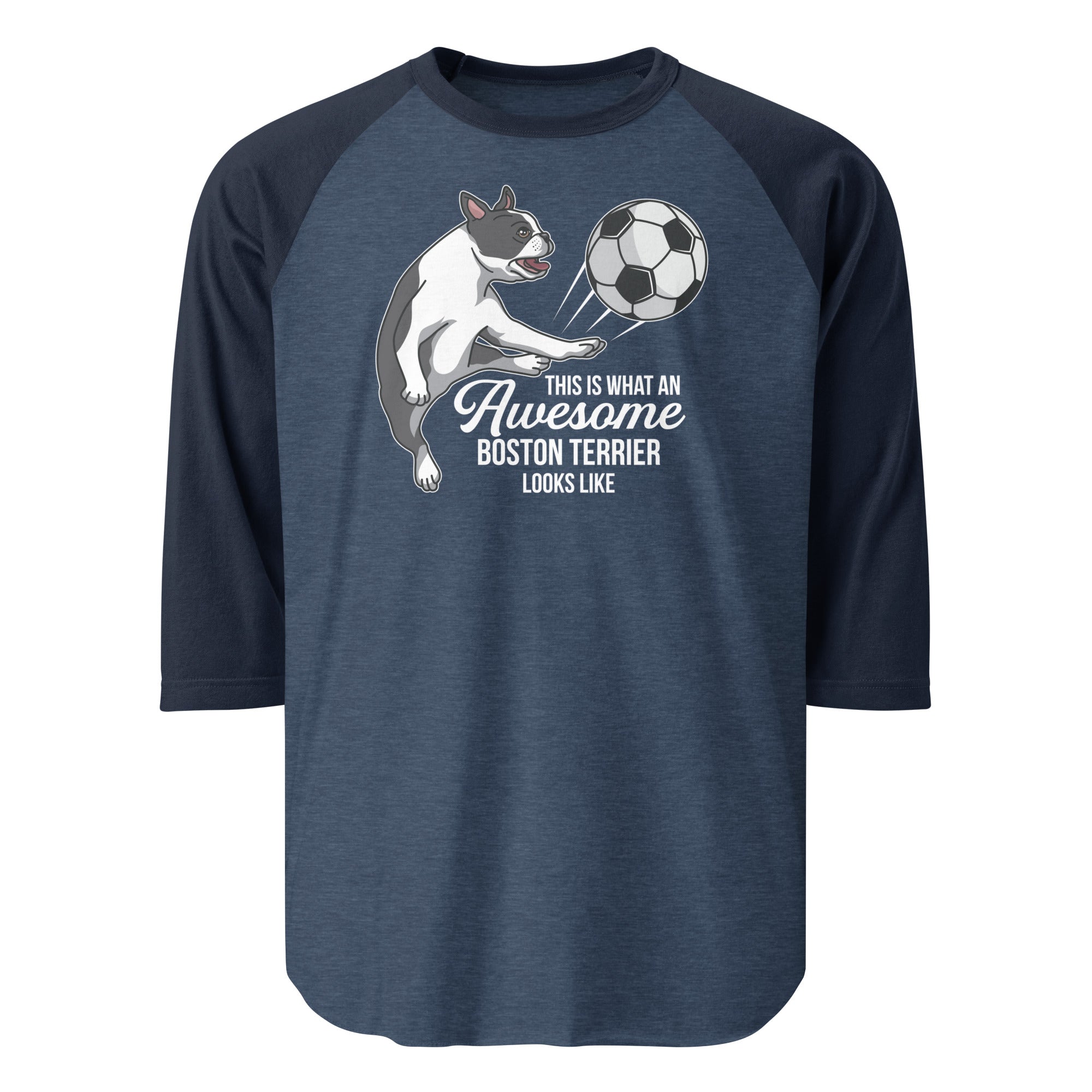 Soccer Boston Terrier 3/4 Sleeve Raglan Shirt . Heather Denim Navy