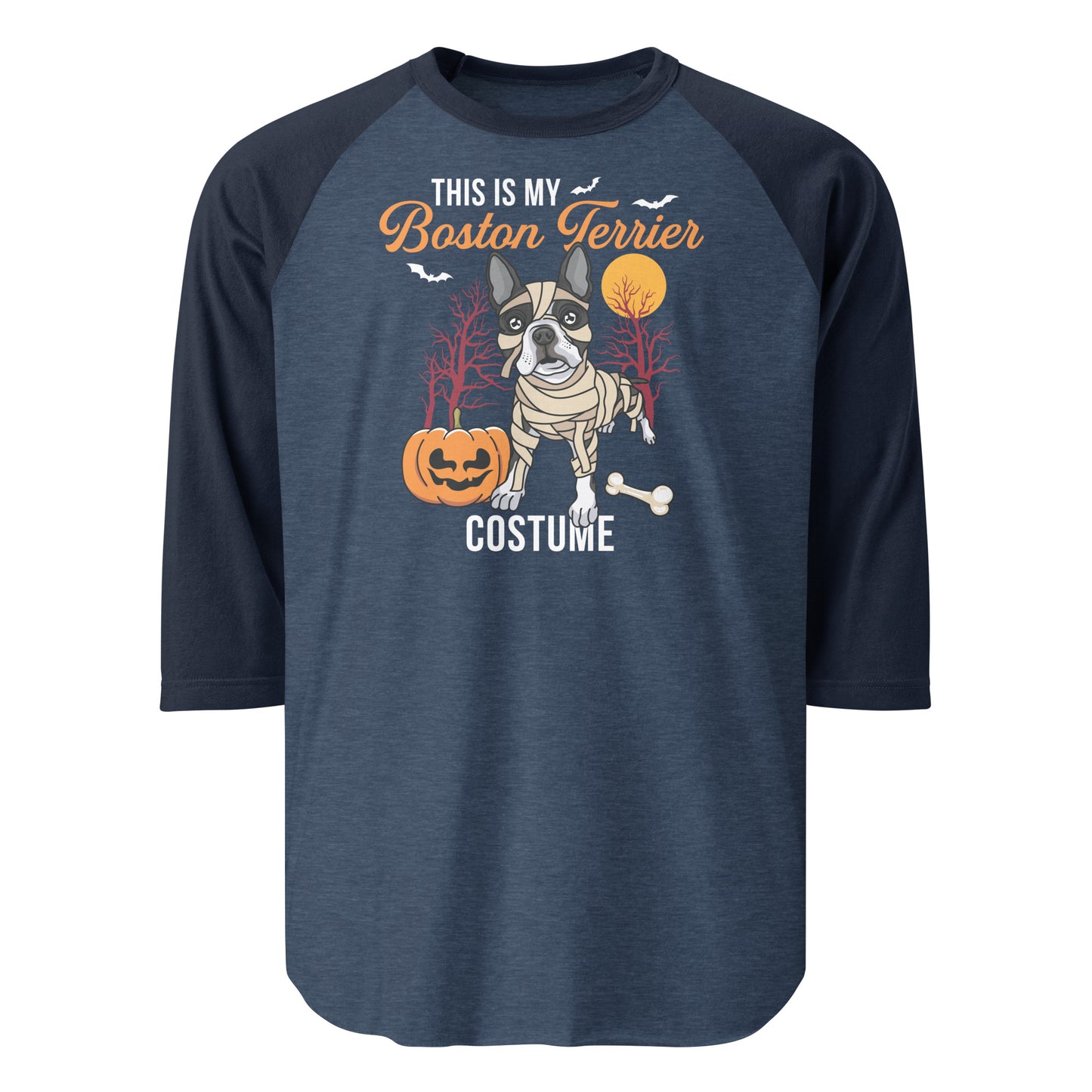 This Is My Boston Terrier Costume 3/4 Sleeve Raglan Shirt . Heather Denim Navy