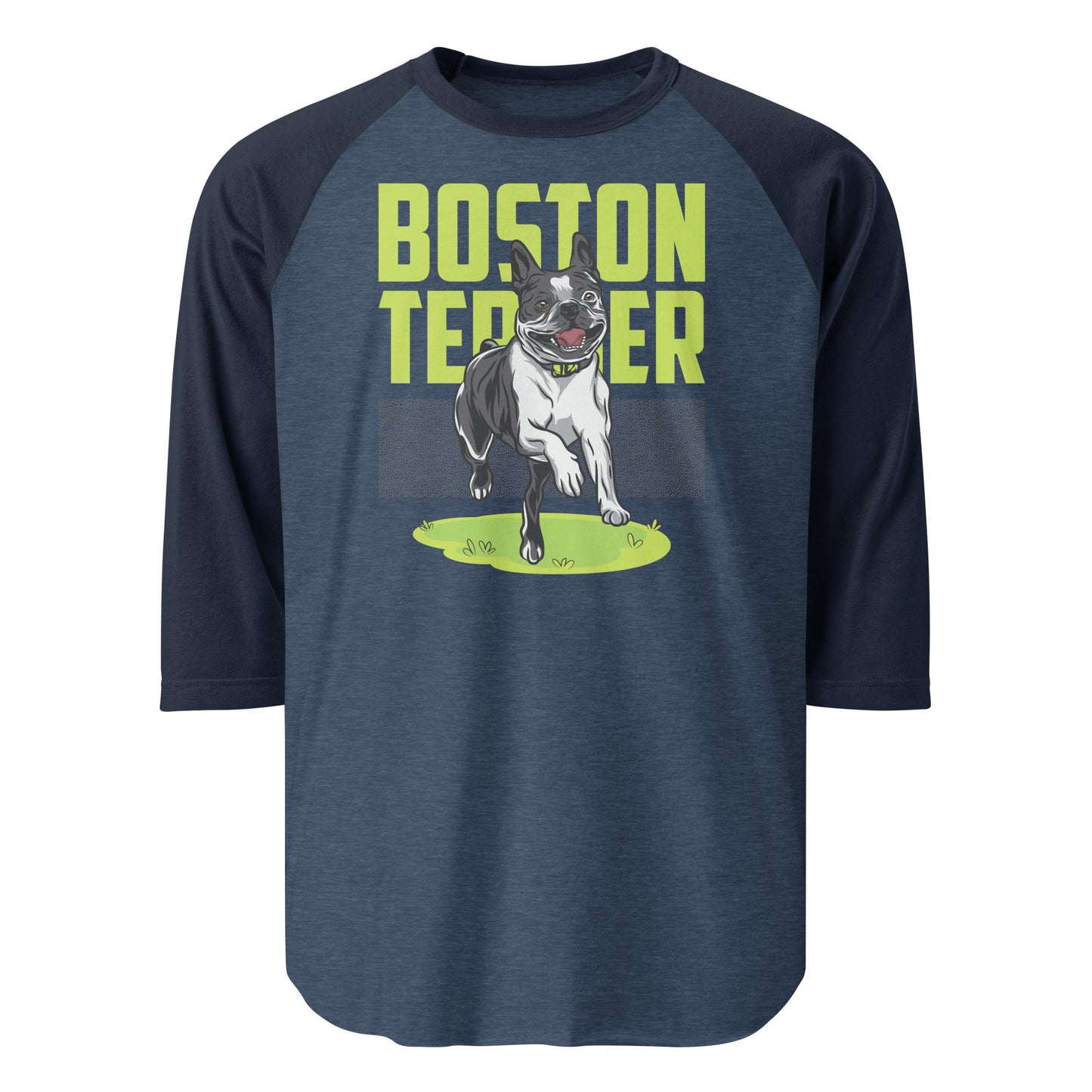 Happy Boston Terrier 3/4 Sleeve Raglan Shirt . Heather Denim Navy