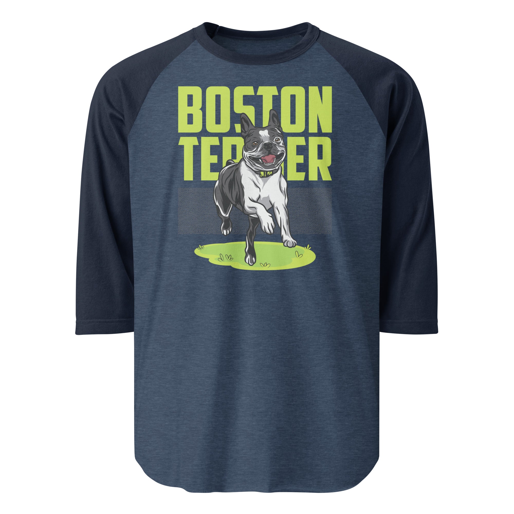 Happy Boston Terrier 3/4 Sleeve Raglan Shirt . Heather Denim Navy