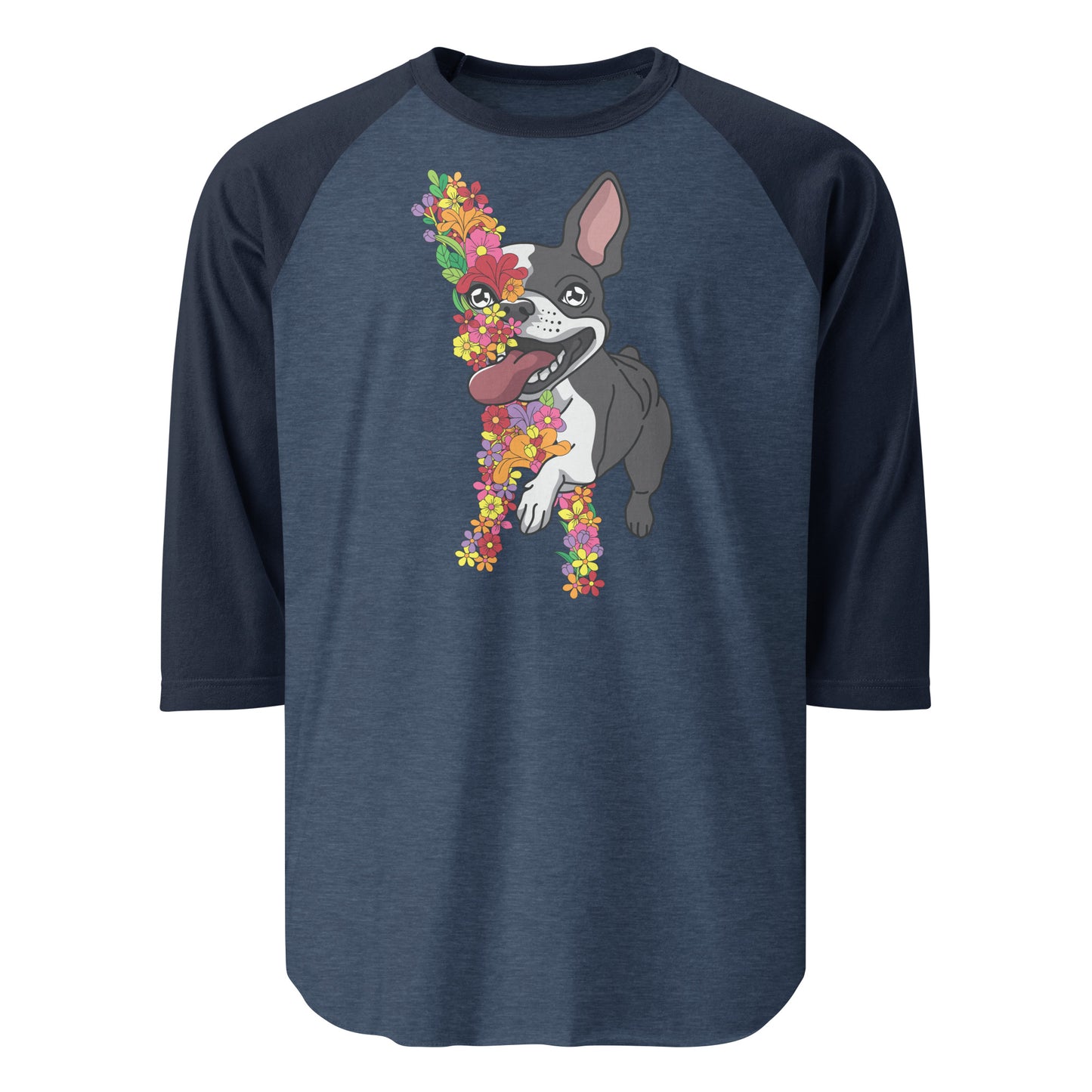 Floral Boston Terrier Dog 3/4 Sleeve Raglan Shirt . Heather Denim Navy
