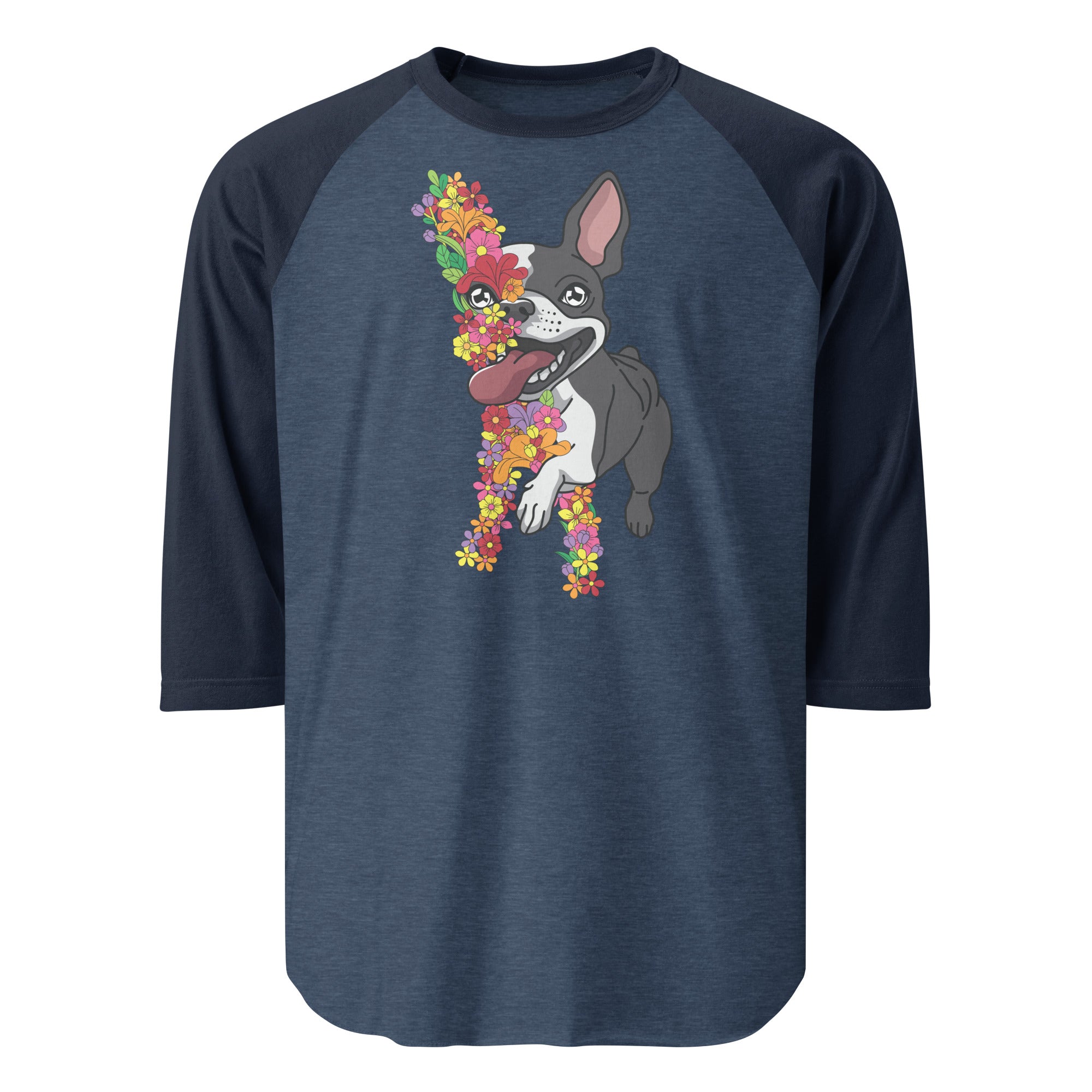 Floral Boston Terrier Dog 3/4 Sleeve Raglan Shirt . Heather Denim Navy